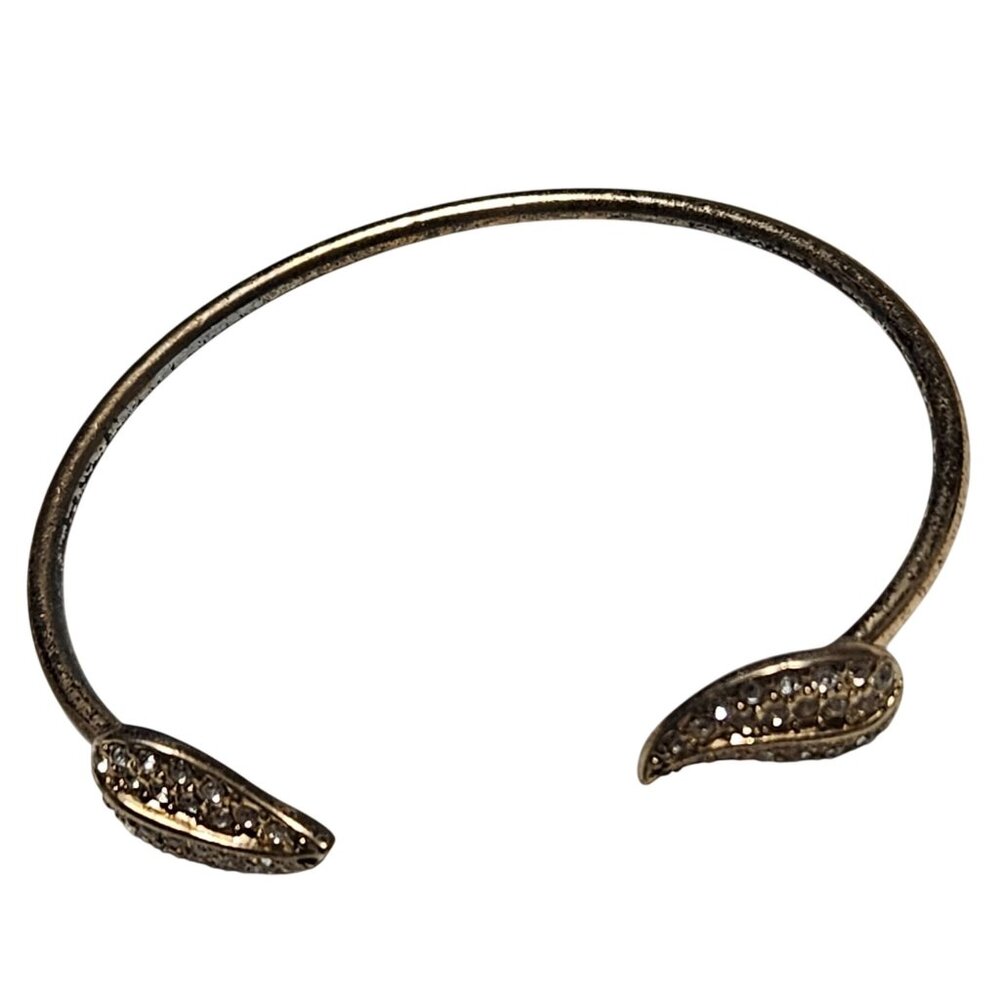 Elegant Gold Tone Open Cuff Bracelet Rhinestone Leaf Accents Minimalist Jewelry